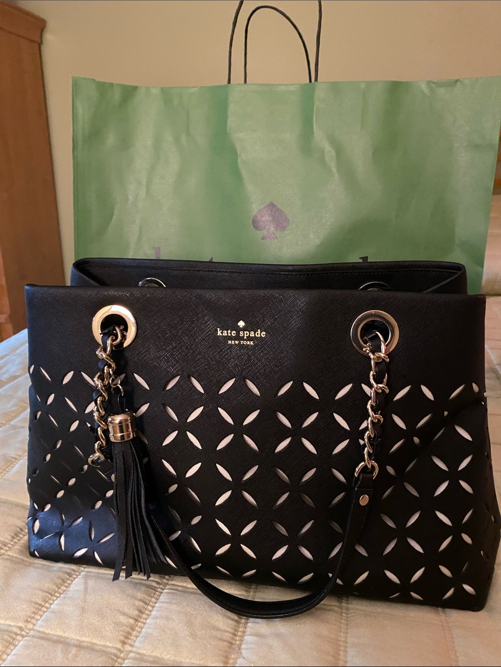 Kate Spade Black Laser-Cut Tote with Tassel and Chain-Strap